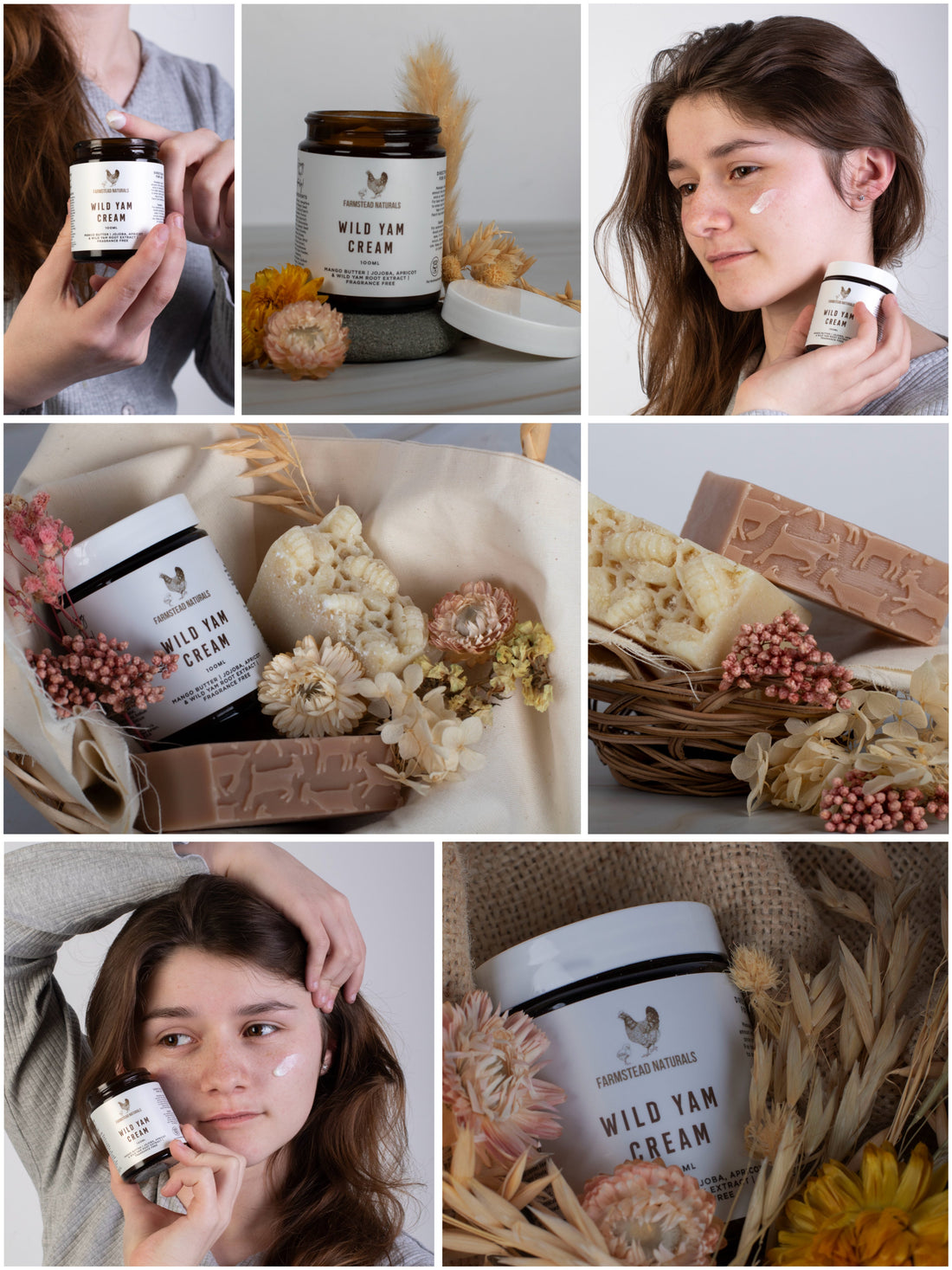 natural skincare for rosacea and sensitive skin featuring wild yam cream product photography with model application and botanical styling
