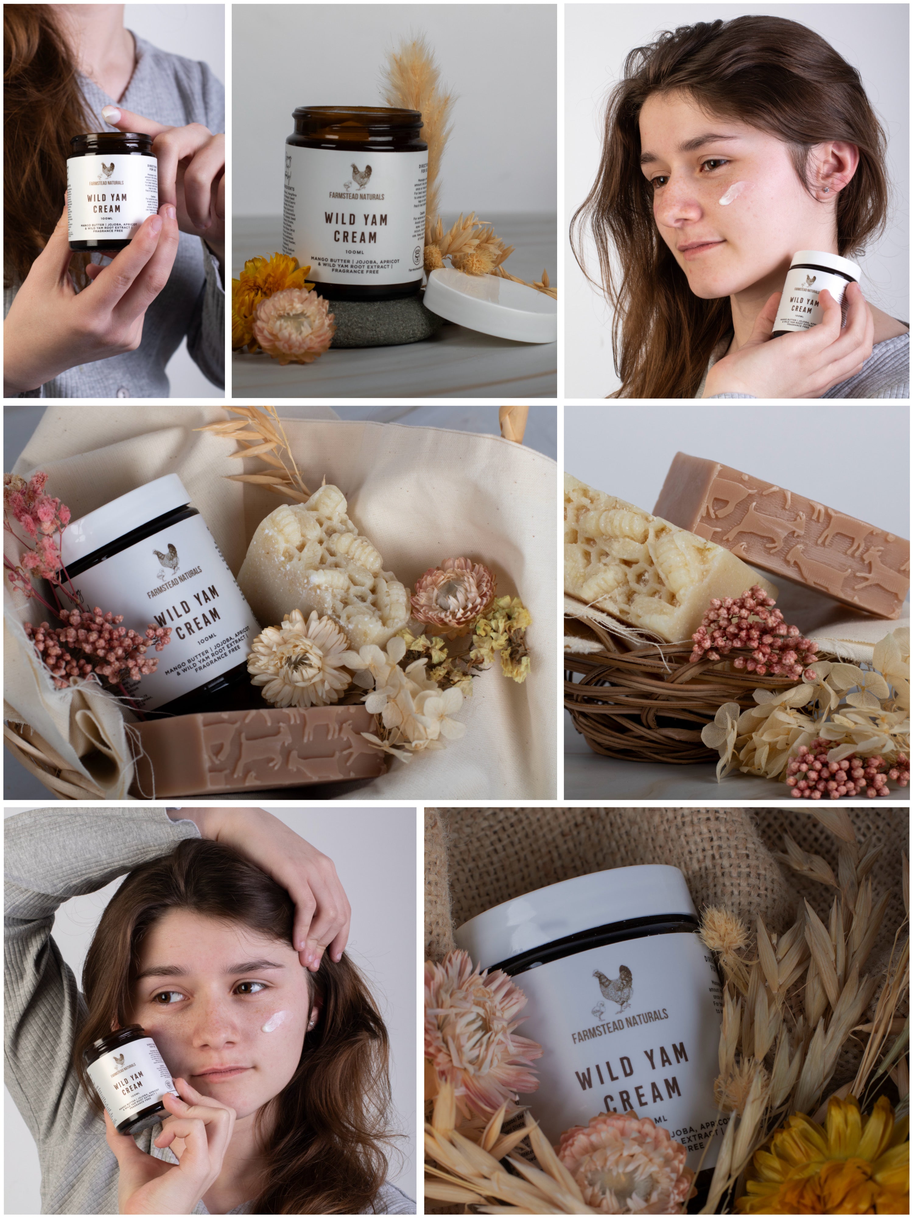 natural skincare for rosacea and sensitive skin featuring wild yam cream product photography with model application and botanical styling
