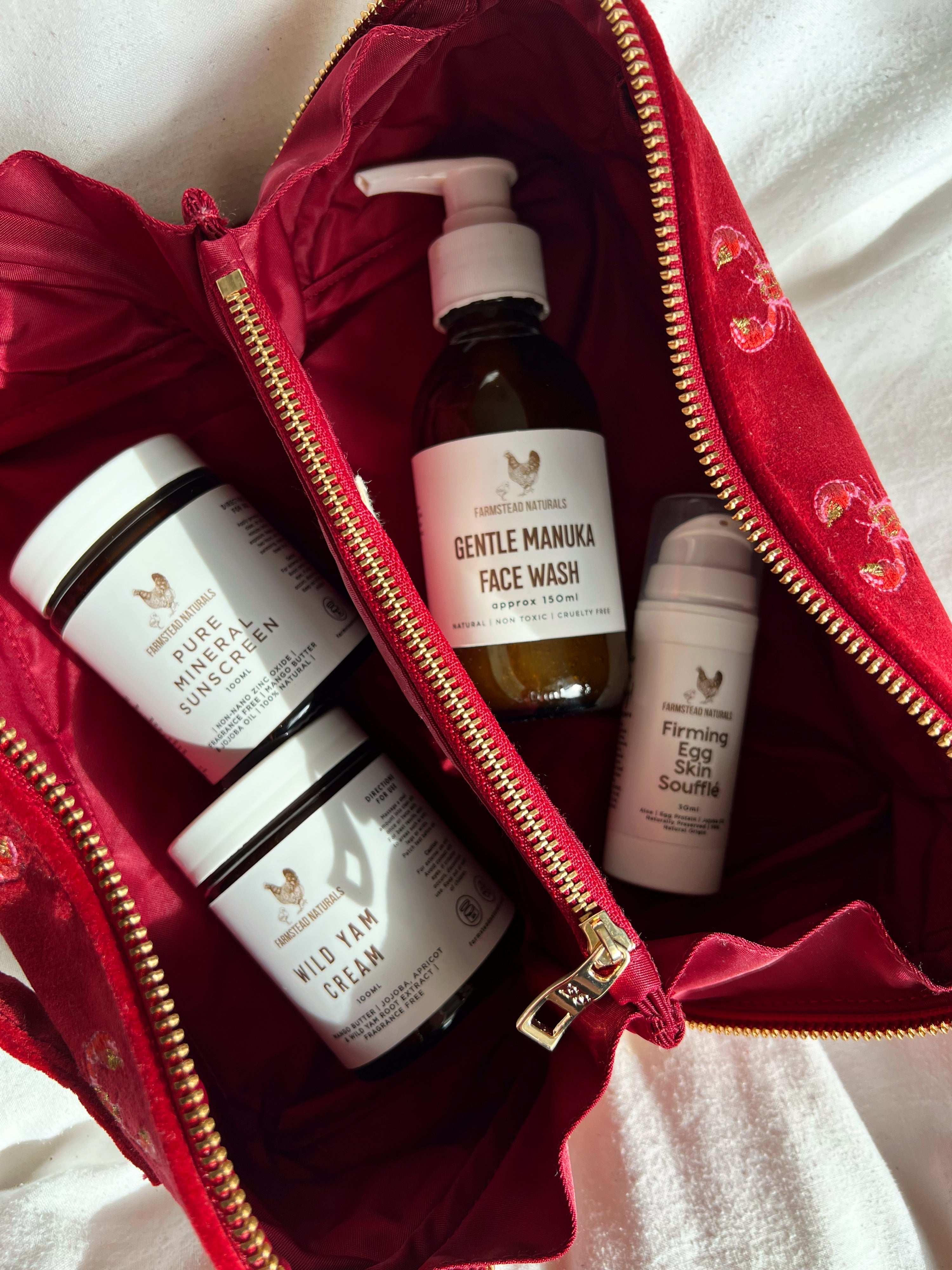 natural skincare routine for rosacea and reactive skin with cleanser, sunscreen, mask and moisturisers