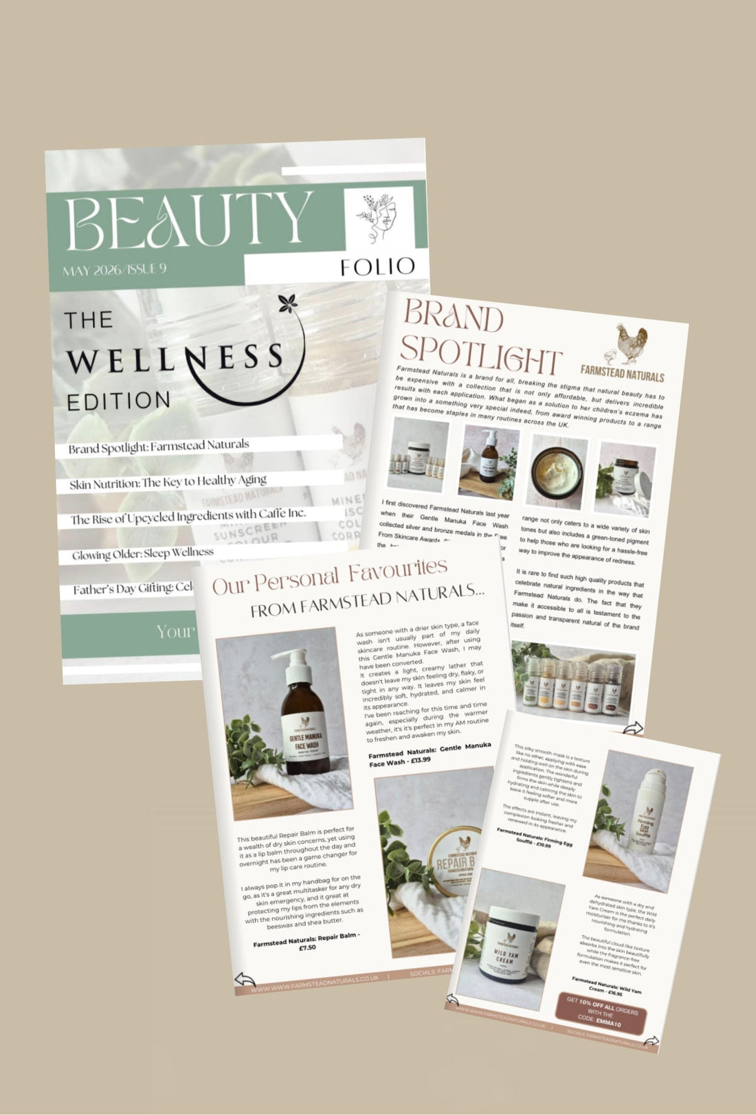 Farmstead Naturals featured in Beauty Folio Magazine Issue 9 showing natural skincare products including Gentle Manuka Face Wash, Repair Balm, Firming Egg Skin Soufflé and Wild Yam Cream