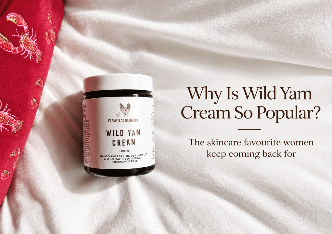 Farmstead Naturals award-winning Wild Yam Cream in a 100ml jar, a natural fragrance-free moisturiser for sensitive and menopausal skin, featured in a blog exploring why wild yam cream is so popular.