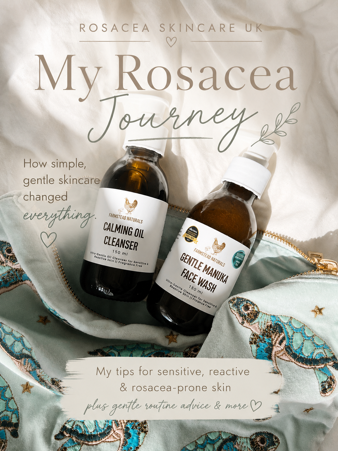 Gentle Manuka Face Wash and Calming Oil Cleanser for sensitive, reactive and rosacea-prone skin, displayed together as a simple double cleanse routine to support the skin barrier.