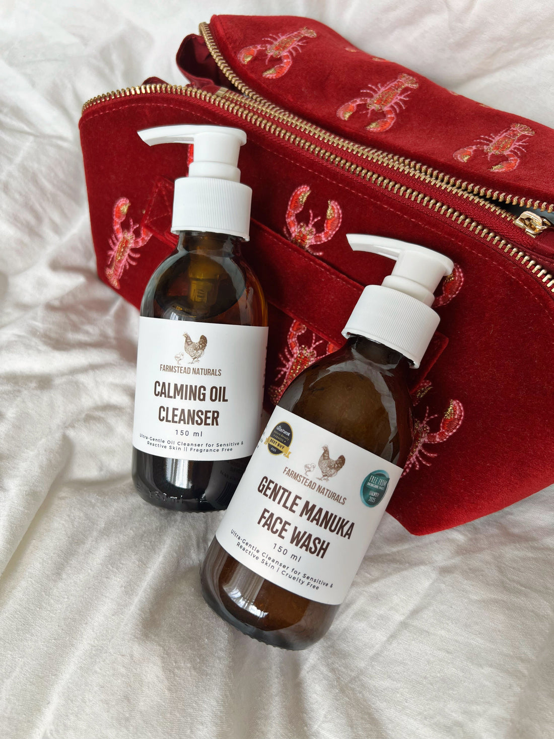 Calming Oil Cleanser and Gentle Manuka Face Wash for sensitive, reactive and rosacea-prone skin, shown together as a gentle double cleansing routine to help support the skin barrier.