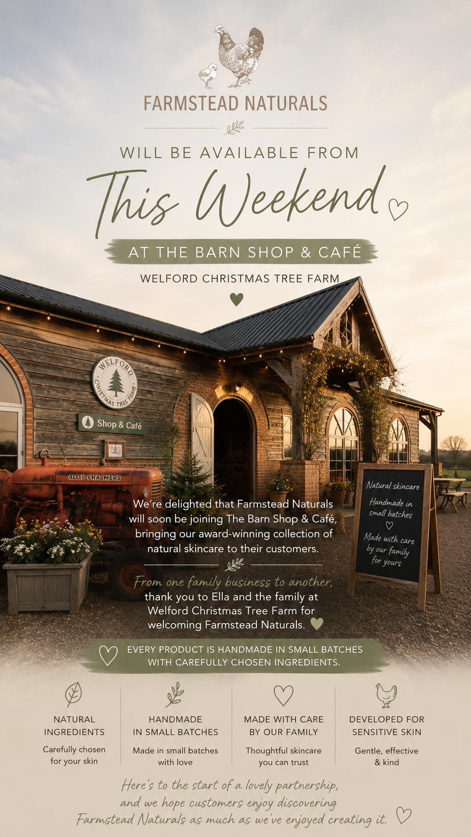 Farmstead Naturals arriving at The Barn Shop & Café, Welford Christmas Tree Farm.