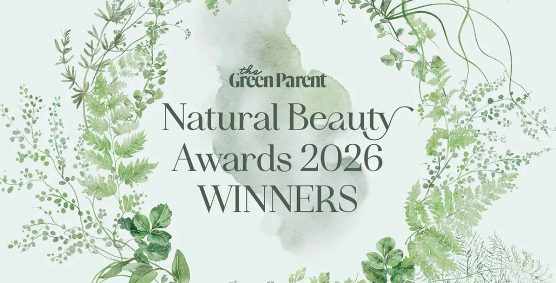 The Green Parent Natural Beauty Awards 2026 winners showcase featuring Farmstead Naturals products including mineral sunscreen colour correctors (Gold), wild yam cream (Best Buy), and egg skin soufflé alongside natural skincare and makeup award winners.