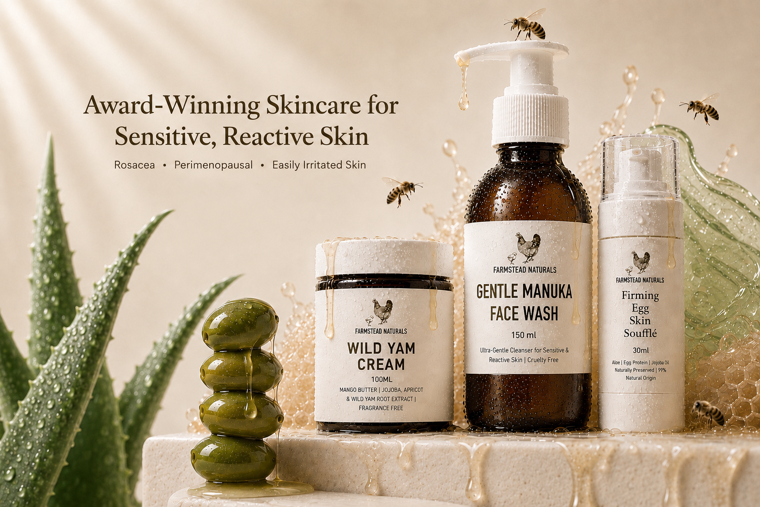 Skincare products including a jar, bottle, and cream on a neutral background with text about sensitive skin.