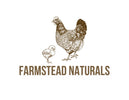 Logo of Farmstead Naturals with a chicken and chick illustration on a white background