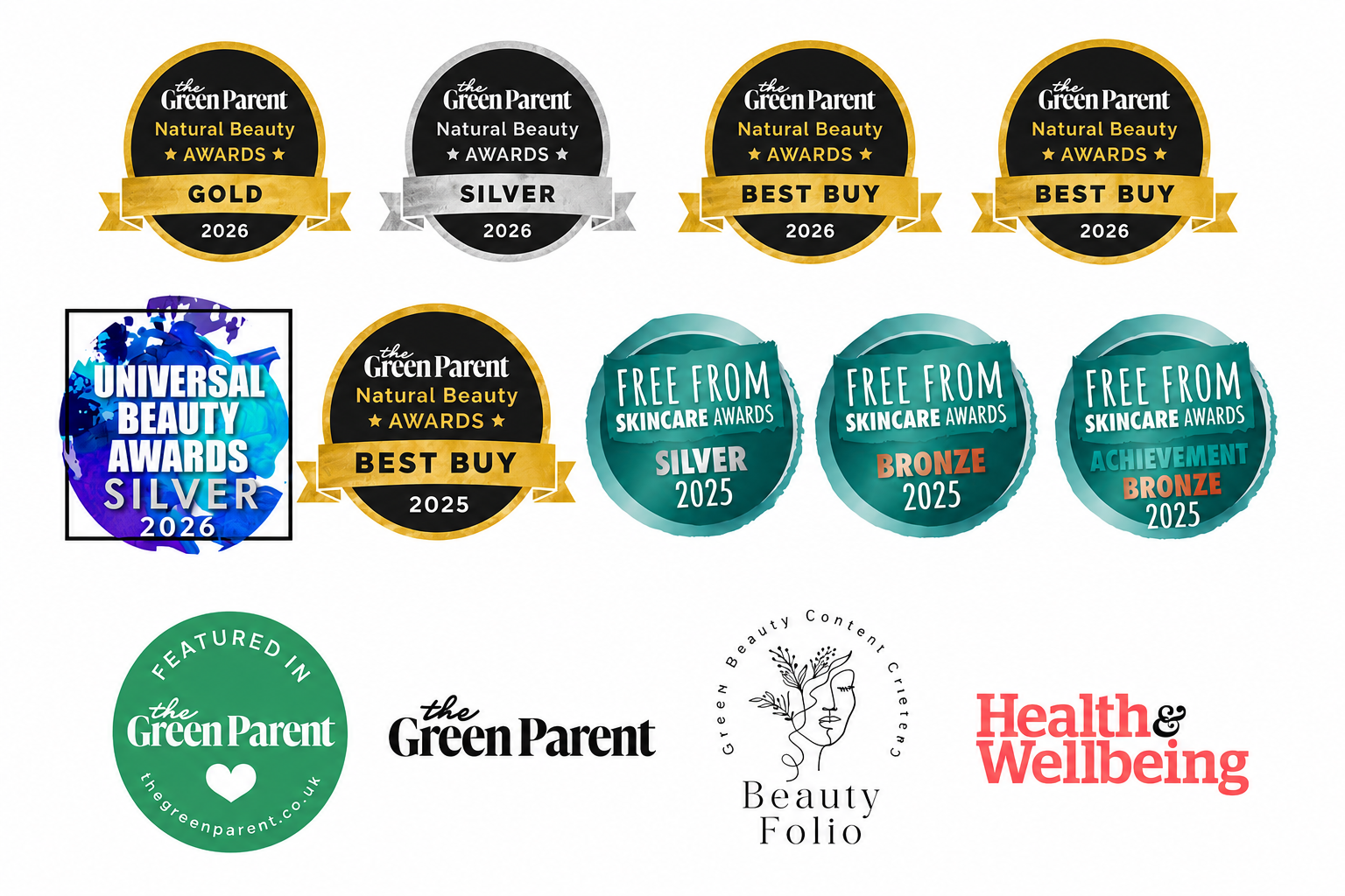 A collage of award badges and logos on a white background, including Green Parent Natural Beauty Awards winners in Gold, Silver, and Best Buy, plus Universal Beauty Awards Silver, featured in the Green Parent Beauty Folio, and Health & Wellness.