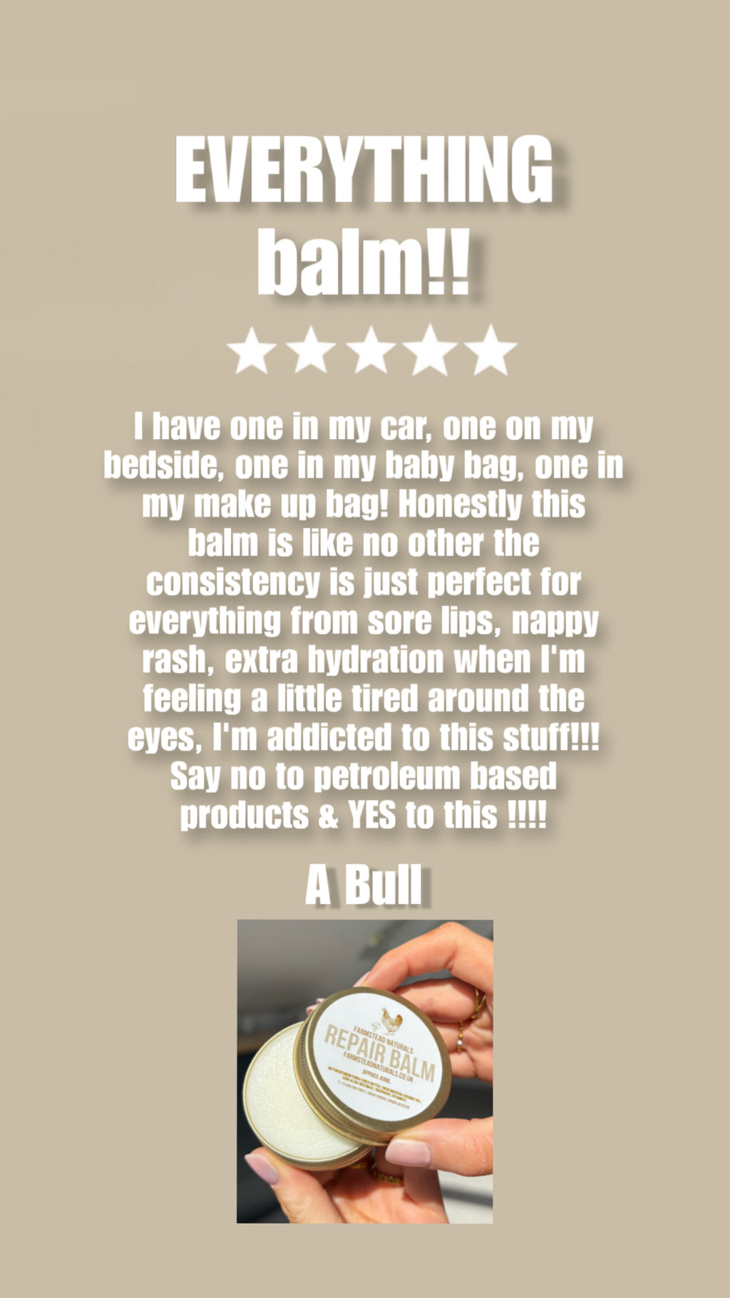 Product review of 'Everything balm' with a photo of a hand holding the balm. Best balm for eczema skin