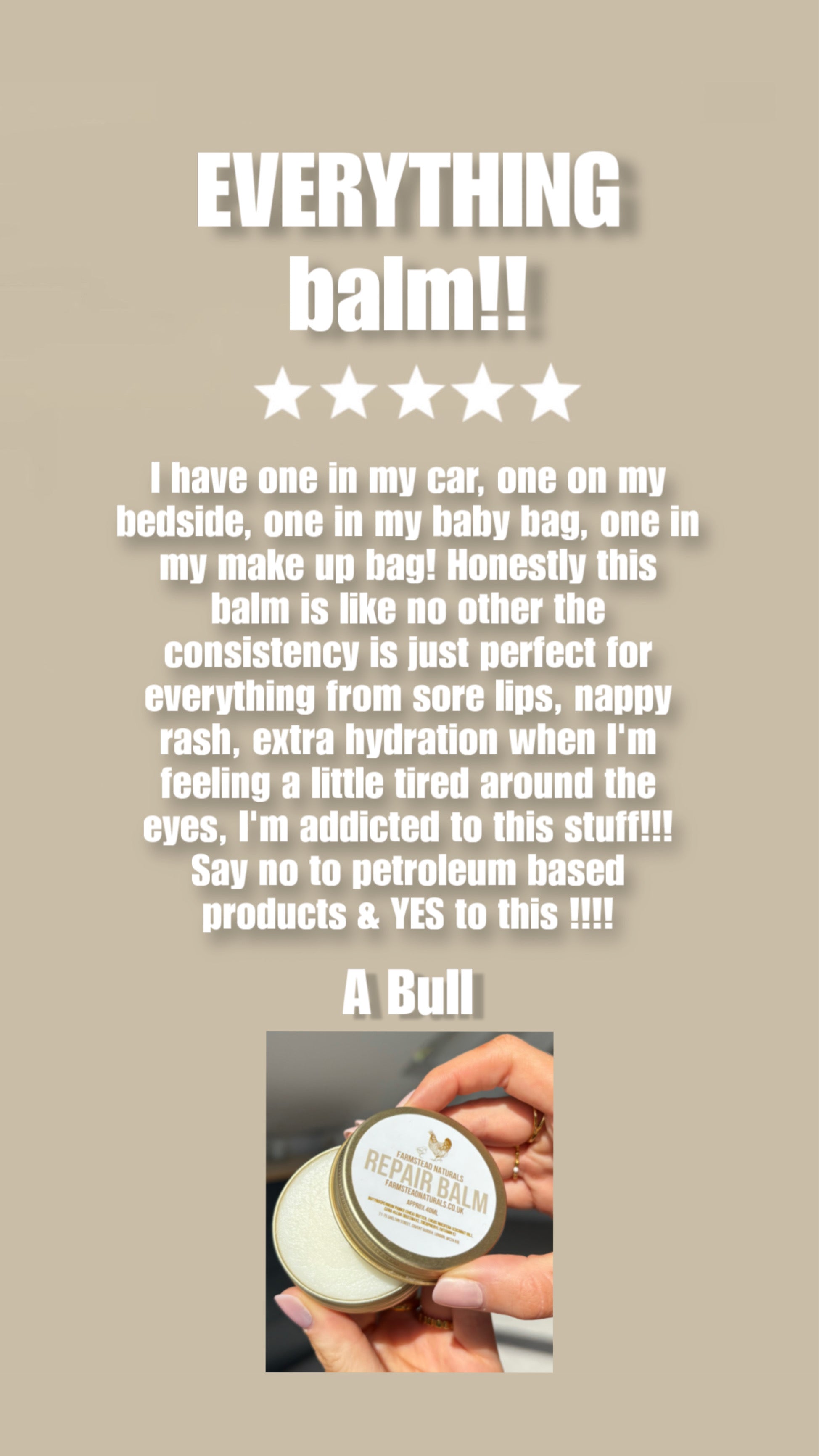 Product review of 'Everything balm' with a photo of a hand holding the balm. Best balm for eczema skin